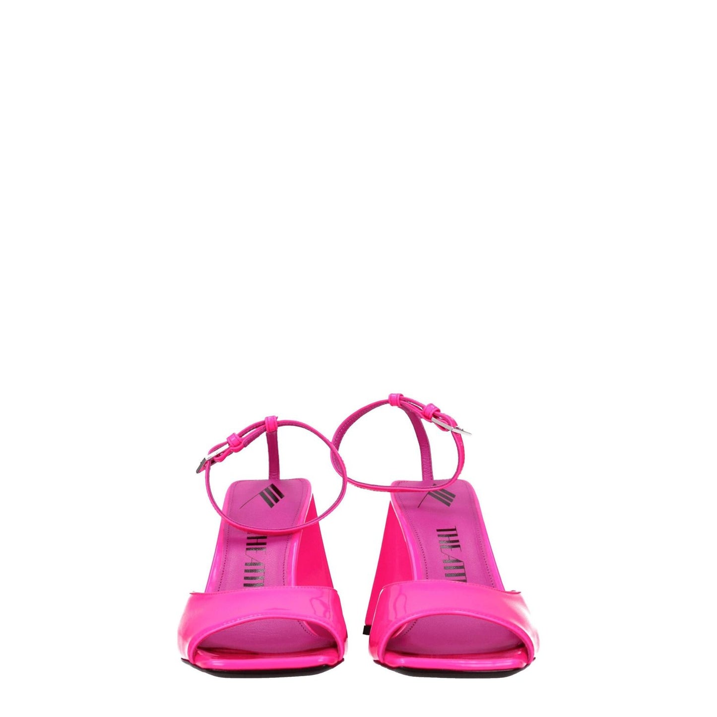The Attico Pink Leather Stiletto Heel Sandals with buckle closure and open toe design, showcasing fluo pink high heels.