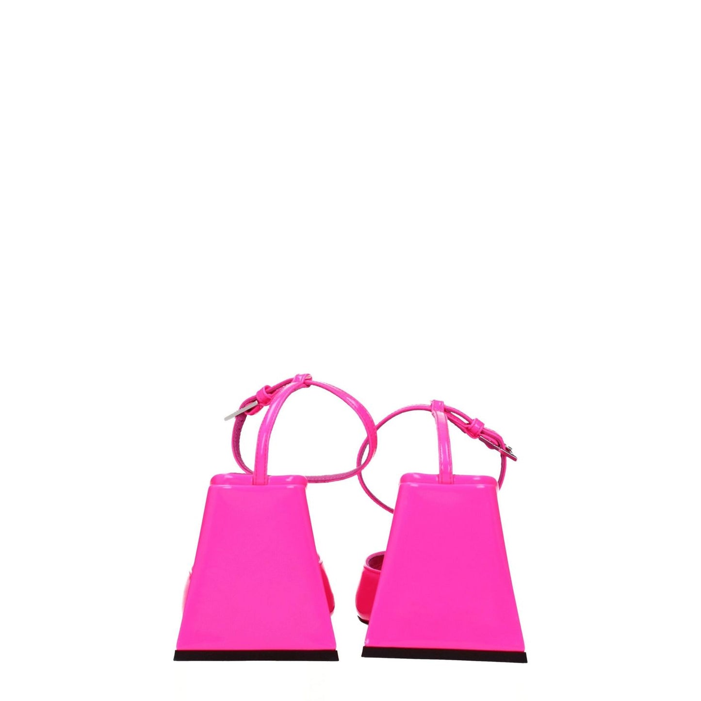 Back view of The Attico Pink Leather Stiletto Heel Sandals with buckle closure, high heel, and open toe in vibrant fluo pink.
