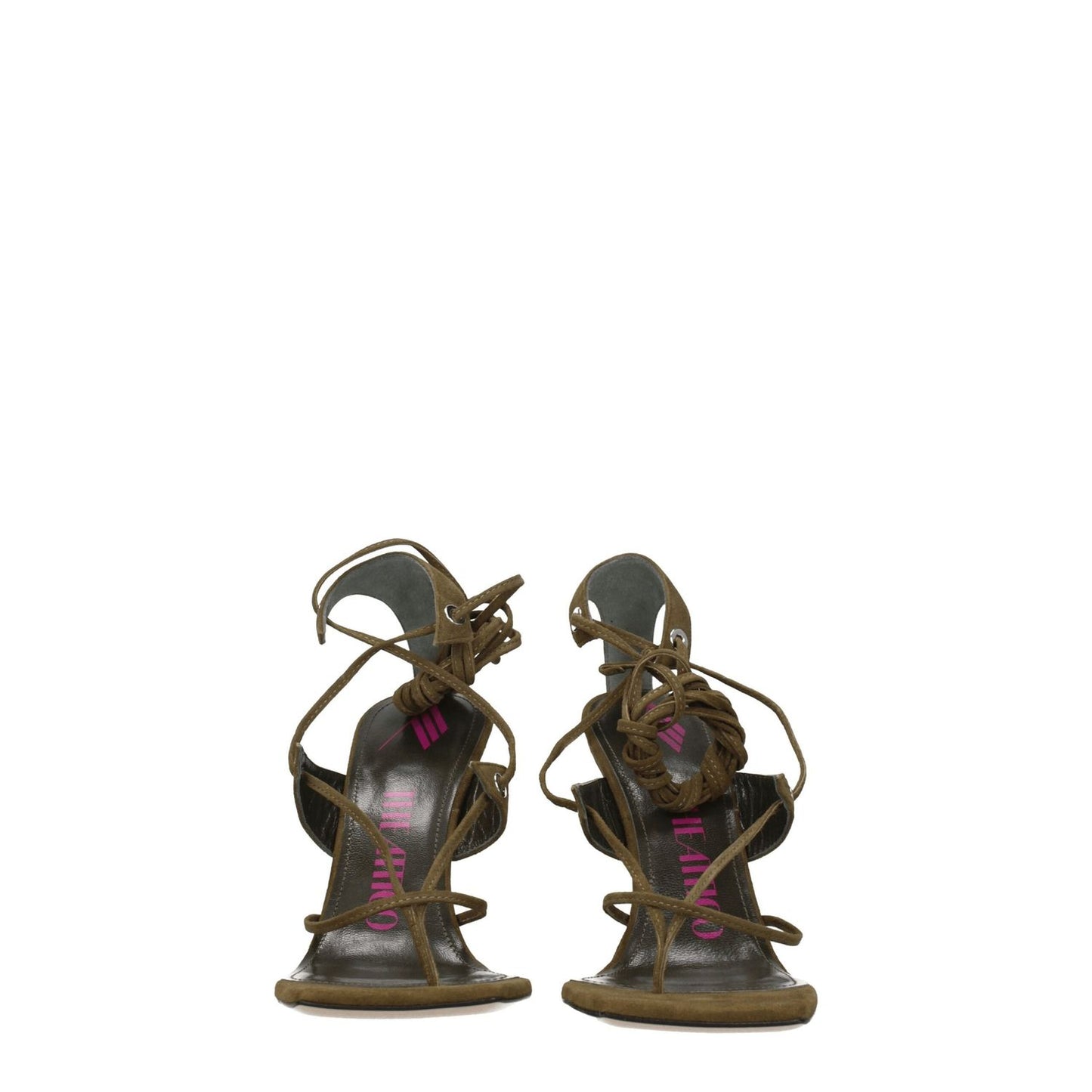 The Attico Green Leather Flip-Flop Sandals with self-tie closures and high heel, suede material, open toe design, back view.