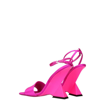 The Attico Pink Satin Platform Sandals with high heel, open toe, and self-tie closure, showcasing fuchsia satin and leather sole.