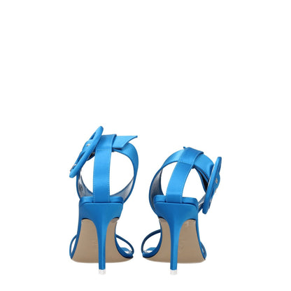 Rear view of The Attico Light Blue Satin Stiletto Heel Sandals with buckle closure and open toe design on leather sole.