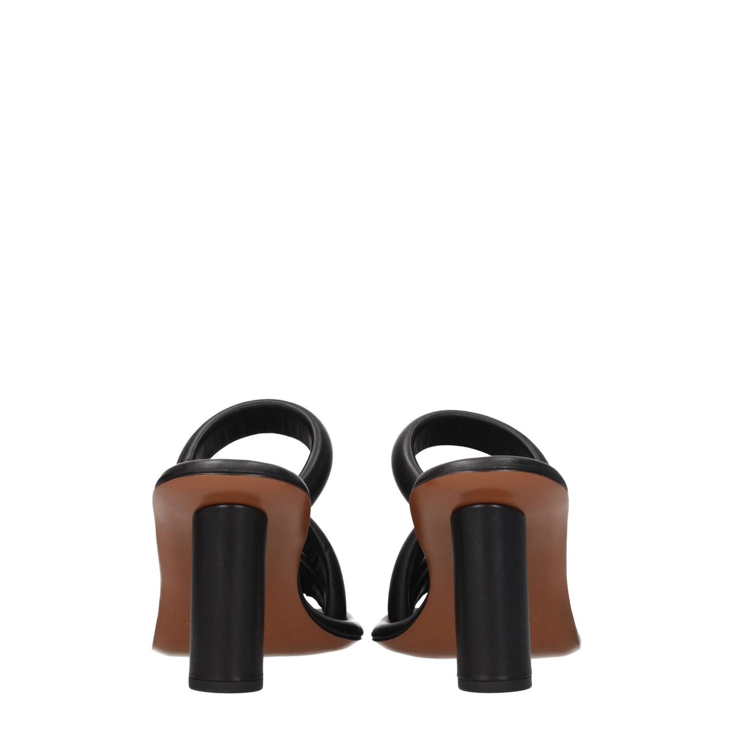 Rear view of Ambush Black Leather Stiletto Heel Sandals with rhinestone detail and open toe design.