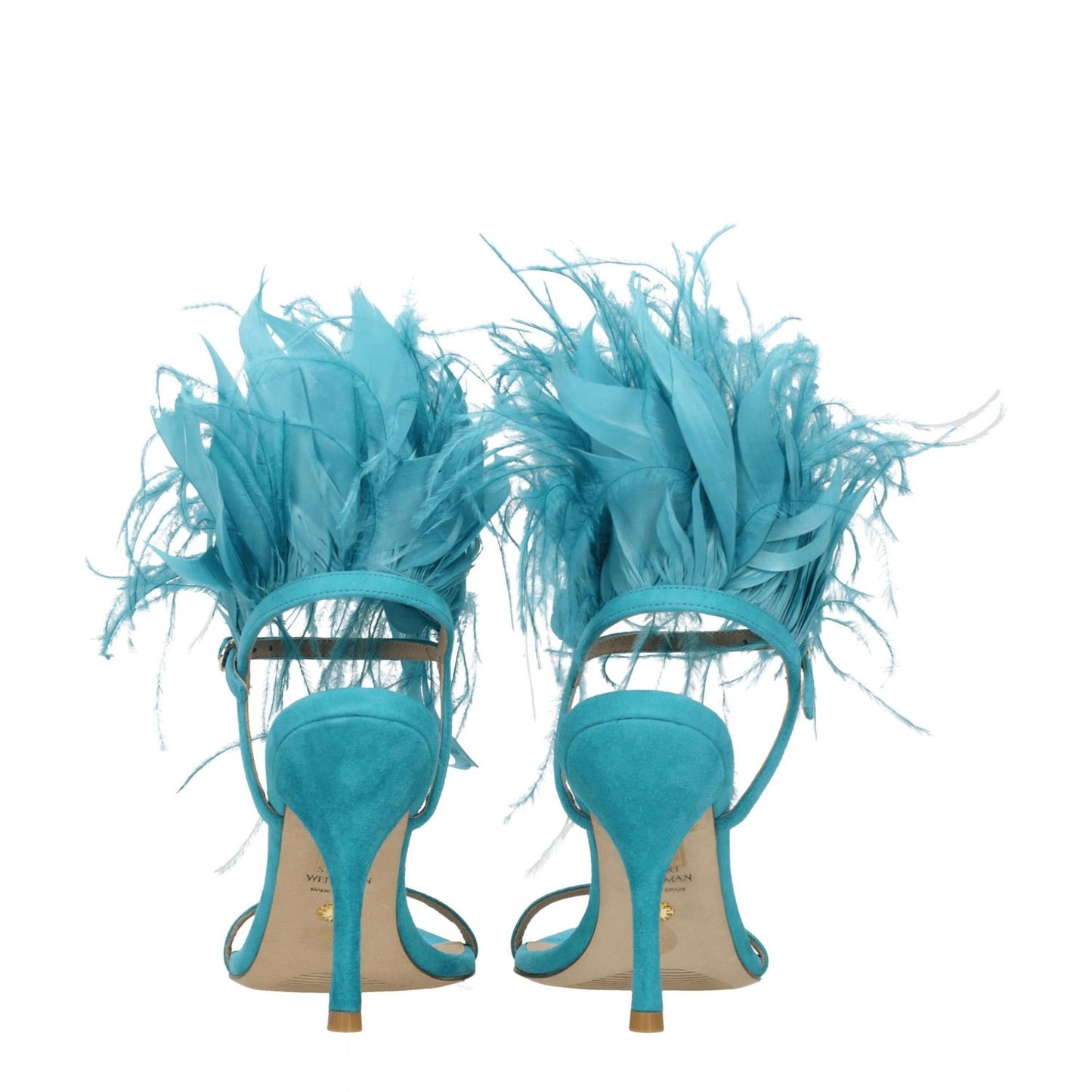 Stuart Weitzman Green Leather Stiletto Heel Sandals with feather detail and buckle closure, featuring open toe and high heel design.
