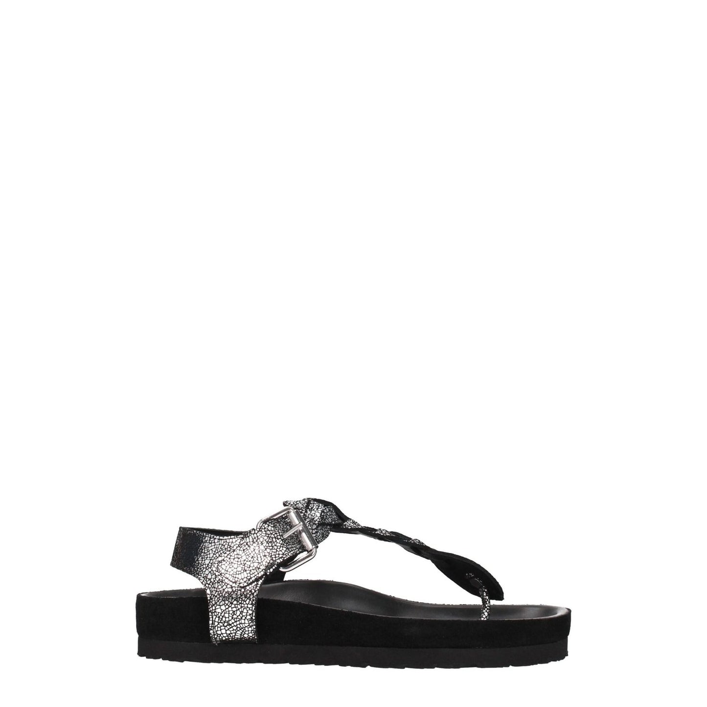 Isabel Marant Black Leather Flip-Flop Sandals in black suede with open toe and low flat heel, featuring silver front detail and rubber sole.