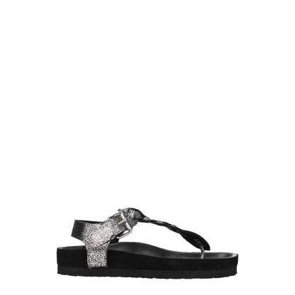 Isabel Marant Black Leather Flip-Flop Sandals in black suede with open toe and low flat heel, featuring silver front detail and rubber sole.