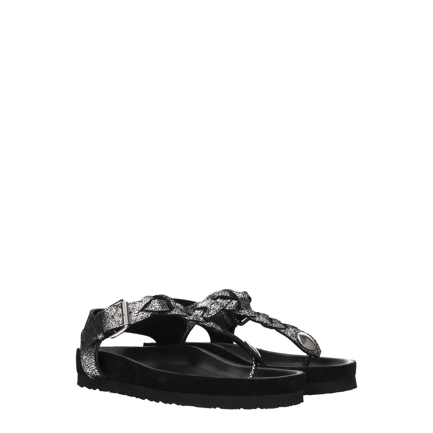 Isabel Marant Black Leather Flip-Flop Sandals with front detail, casual style, open toe, suede, and rubber sole.