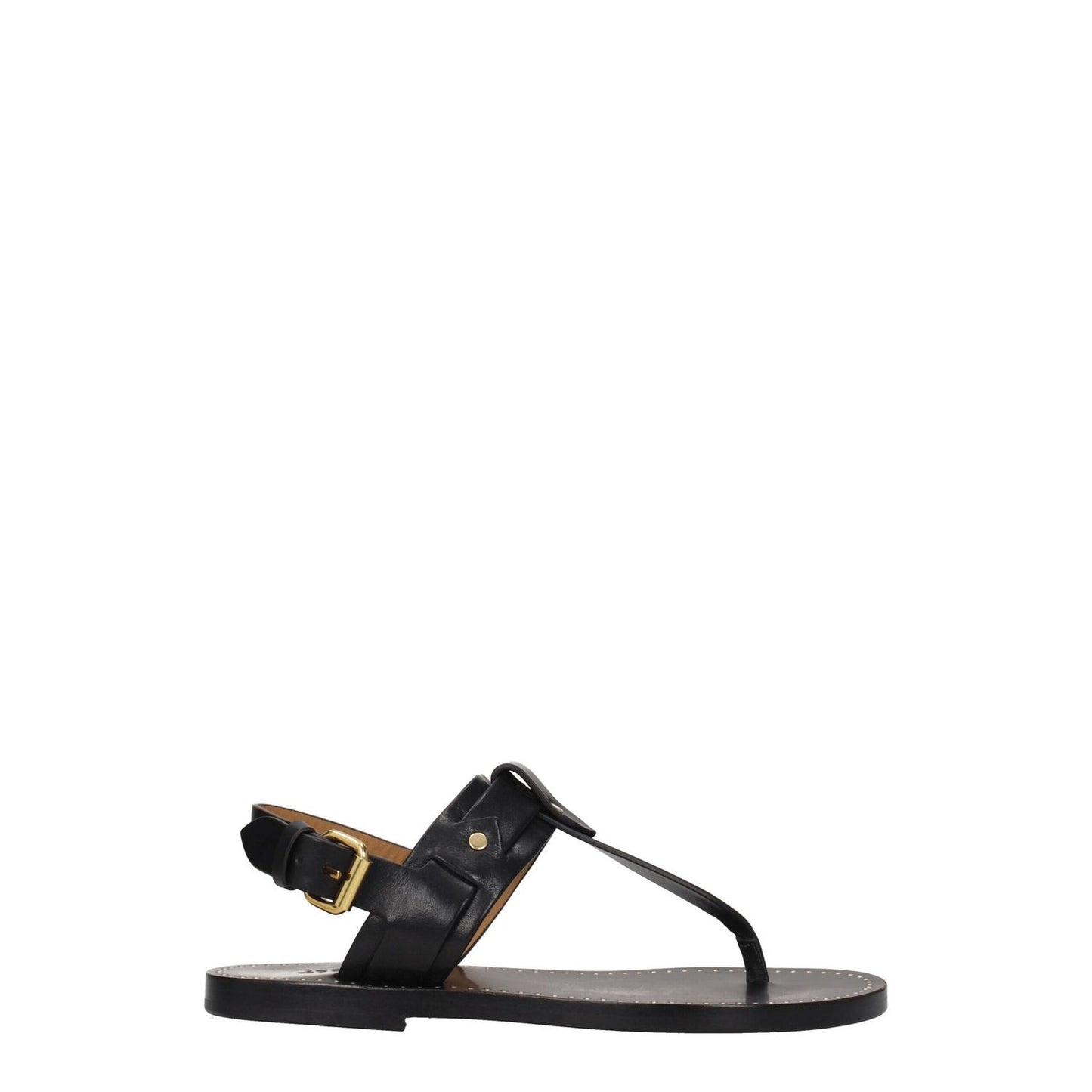 Isabel Marant Black Leather Flip-Flop Sandals with gold buckle and studs, featuring open toe and flat heel, perfect for casual wear.