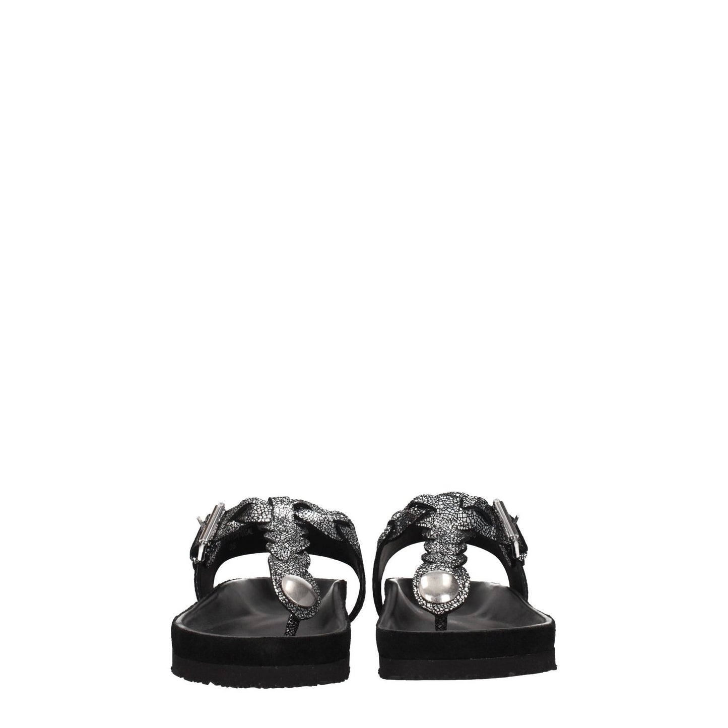 Isabel Marant Black Leather Flip-Flop Sandals with suede straps and silver front detail, featuring open toe and rubber sole.
