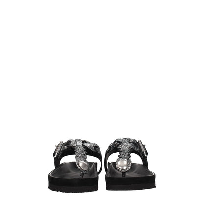 Isabel Marant Black Leather Flip-Flop Sandals with suede straps and silver front detail, featuring open toe and rubber sole.