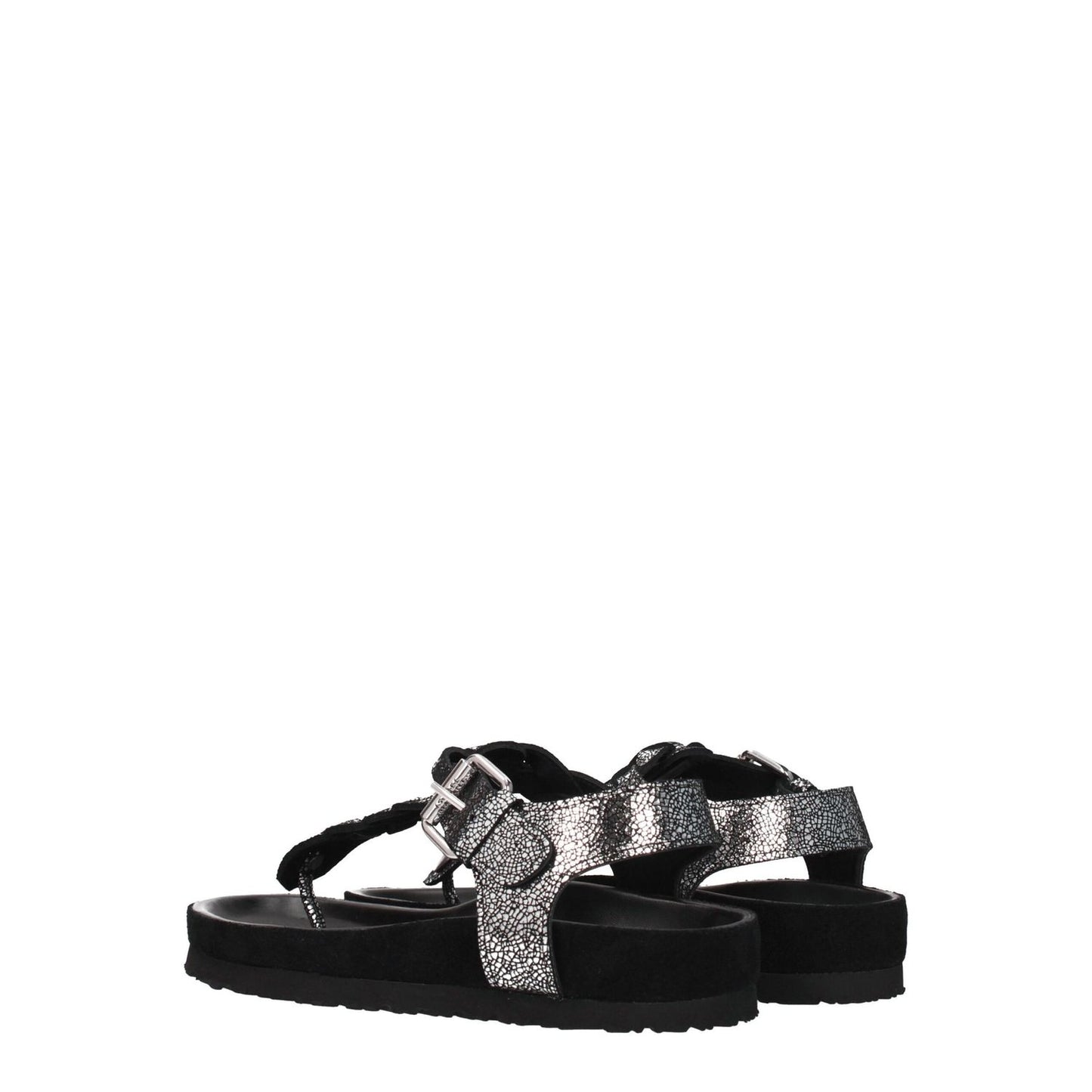 Isabel Marant Black Leather Flip-Flop Sandals with silver front detail and open toe design on black suede with low flat heel and rubber sole.