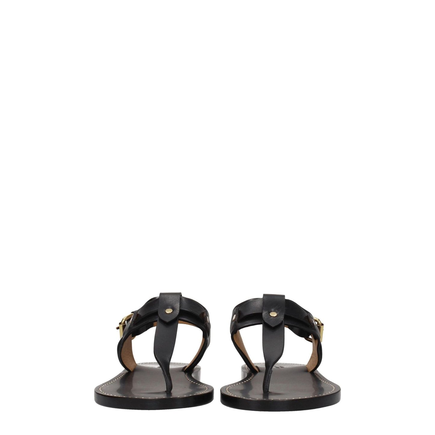 Isabel Marant Black Leather Flip-Flop Sandals with studs and buckle closure, casual style, open toe, low flat heel, back view.