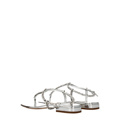 Miu Miu Gray Leather Flip-Flop Sandals with metallic effect and rhinestone detailing, low flat heel, open toe, and buckle closure.