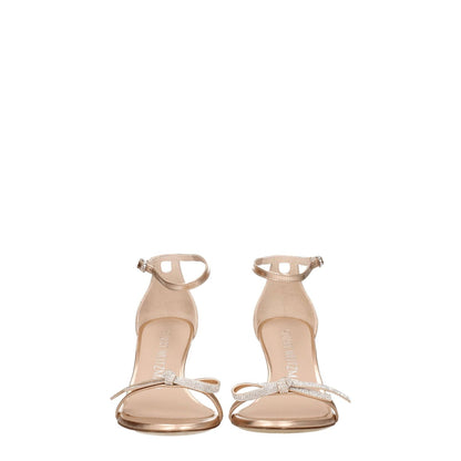 Stuart Weitzman Pink Leather Stiletto Heel Sandals with metallic effect, open toe, buckle closure, and mid heels, front view