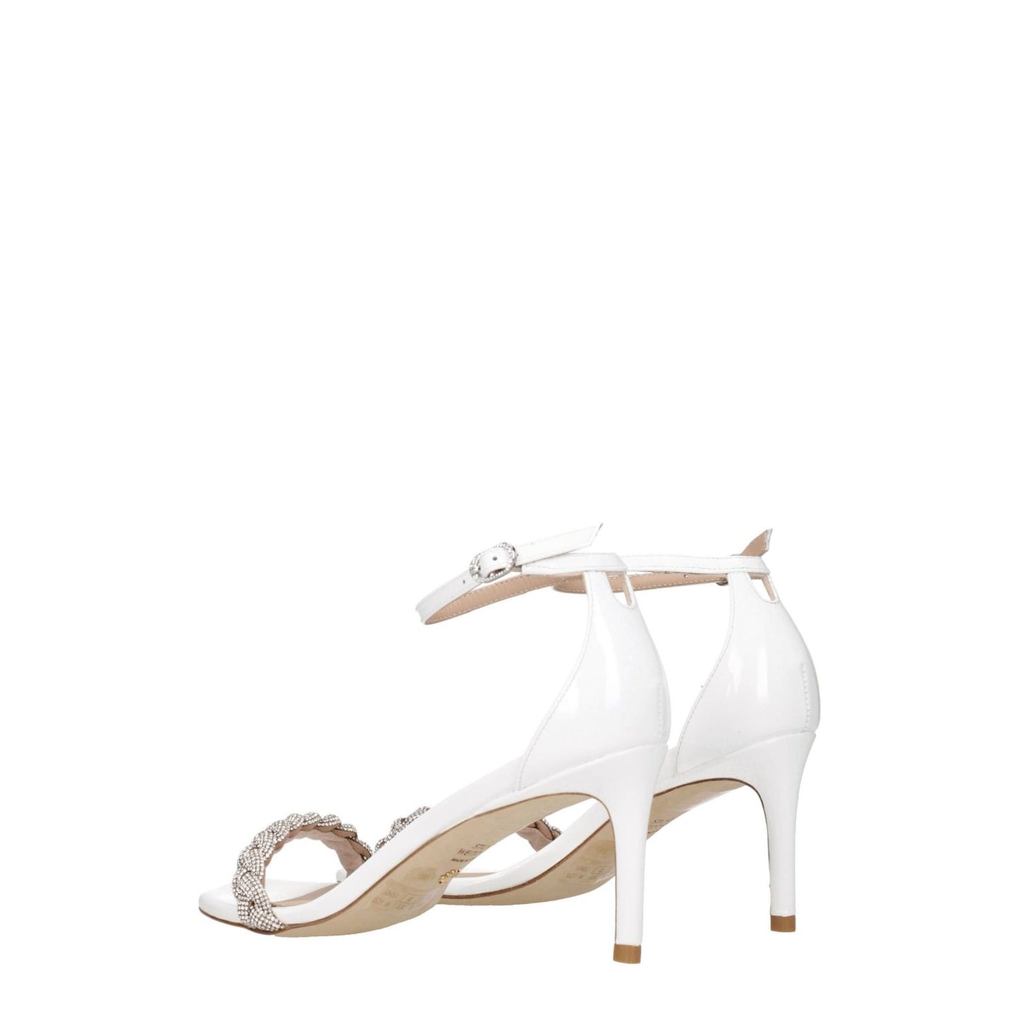 Stuart Weitzman White Leather Stiletto Heel Sandals with crystal details and buckle closure, featuring a 7.5 cm mid heel and open toe.