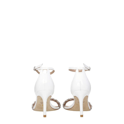 Rear view of Stuart Weitzman White Leather Stiletto Heel Sandals with buckle closure and open toe design, showcasing mid heels and leather sole.