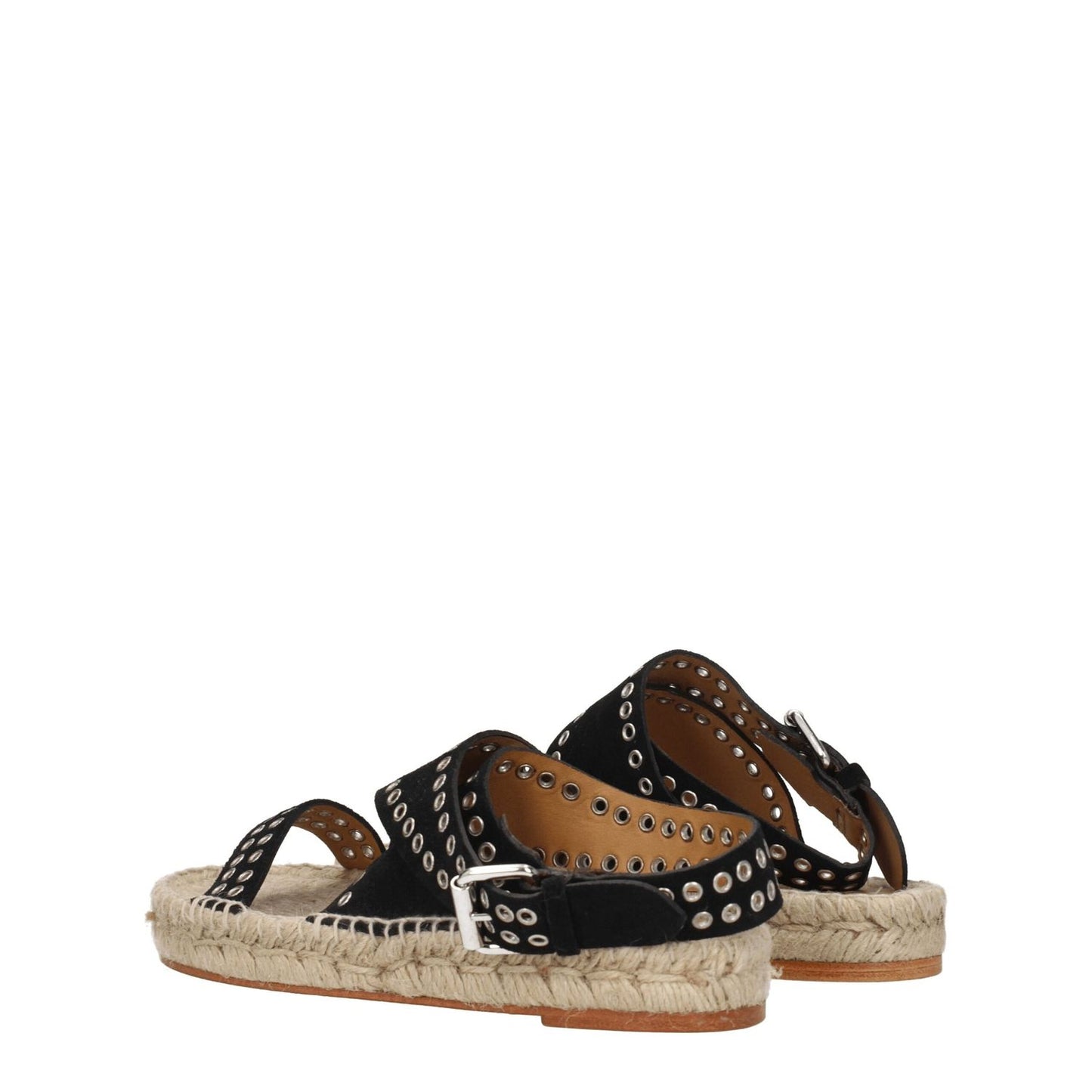 Isabel Marant Black Leather Flat Sandals with studs and buckle closure, featuring vintage and aged effects.