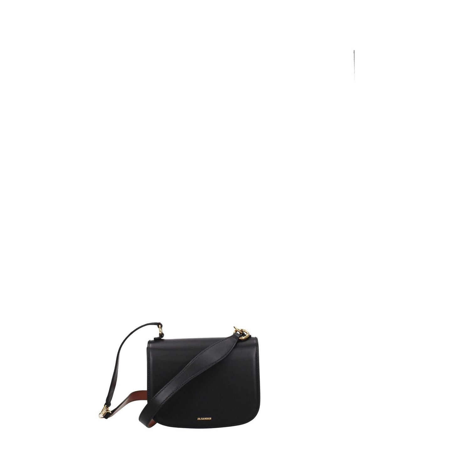 Jil Sander Black Leather Handbag with removable handle and front logo, casual style, small size, gold accents, button closure.