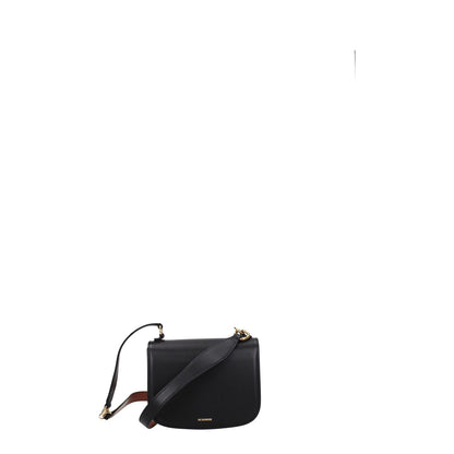 Jil Sander Black Leather Handbag with removable handle and front logo, casual style, small size, gold accents, button closure.