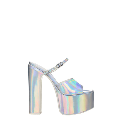 Valentino Garavani Gray Leather Platform Sandals with high heel, buckle closure, metallic silver patent leather, open toe design.