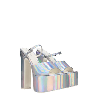 Valentino Garavani Gray Leather Platform Sandals with metallic effect, open toe, buckle closure, 15.5 cm high heel, and leather sole.