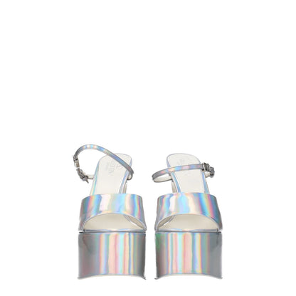 Valentino Garavani Gray Leather Platform Sandals with metallic effect and buckle closure, patent leather high heels.