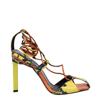 The Attico Orange Leather Stiletto Heel Sandals with snake print and self-tie closures, featuring an 11 cm high heel and open toe.