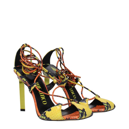 The Attico Orange Leather Stiletto Heel Sandals with vintage snake print and high heels, featuring self-tie closures and open toe design.