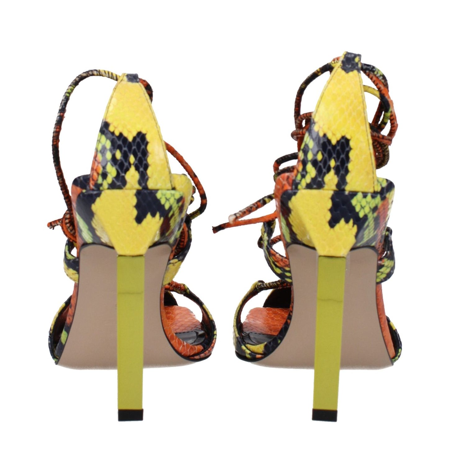 The Attico Orange Leather Stiletto Heel Sandals with snake print, 11 cm high heel, and open toe design, rear view.