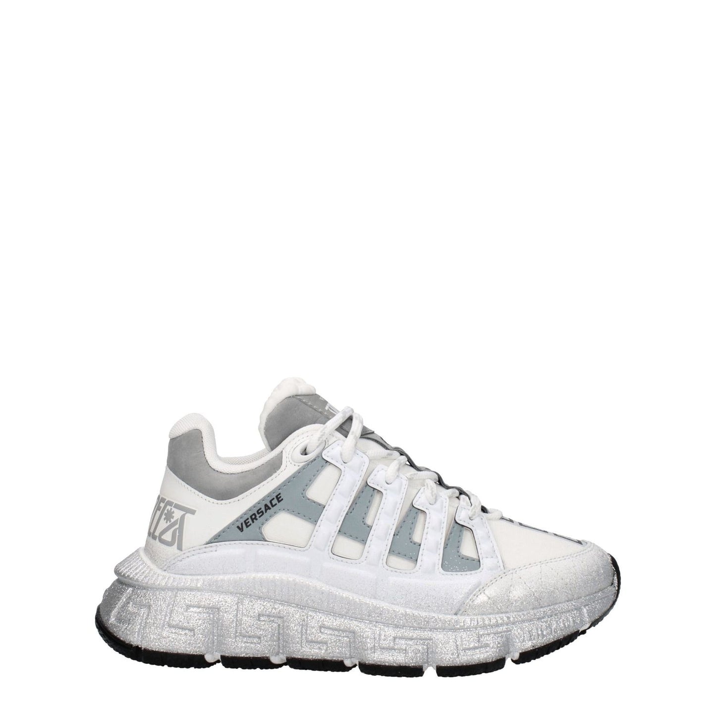 Alt Tag: Versace White Fabric Athletic Sneakers with logos, lace-up closure, rubber sole, silver accents, and 5cm heel.