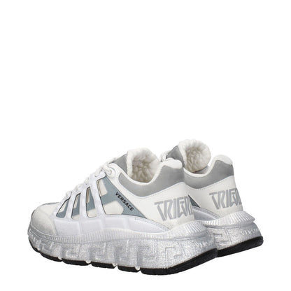 Versace White Fabric Athletic Sneakers with logos, lace-up closure, rubber sole, 5 cm mid heels, round toe, silver accents.