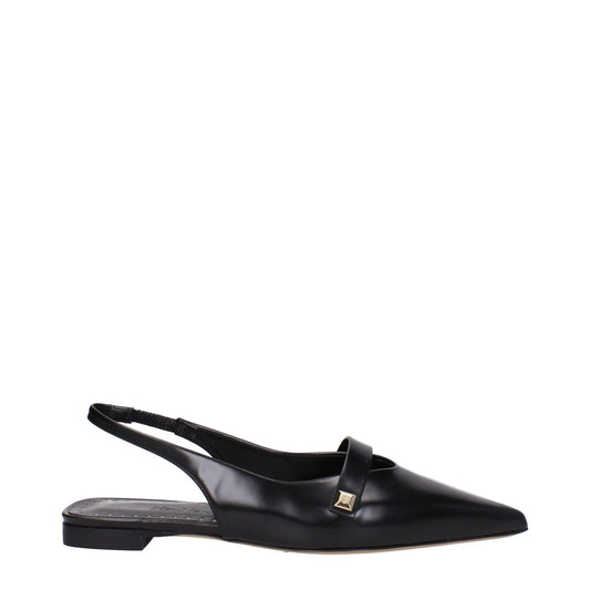 Max Mara Black Leather Ballet Flats with pointy toe and side logo, featuring low flat heel, MPN 24145211116006.