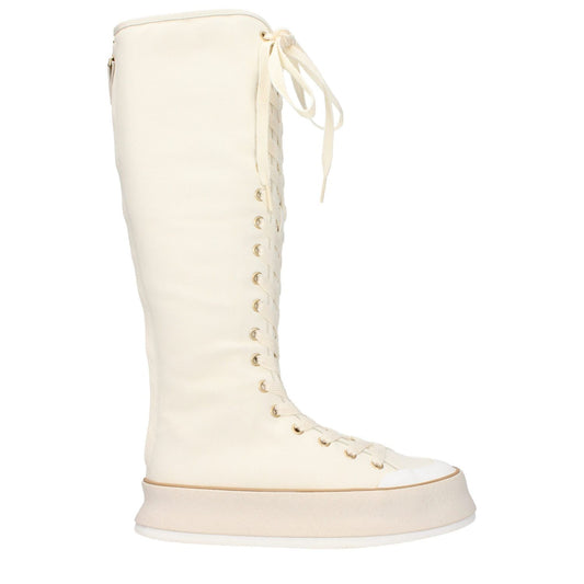 Max Mara Beige Fabric Lace-Up Boots with wedge heel and round toe, featuring a rubber sole and vintage effect design.