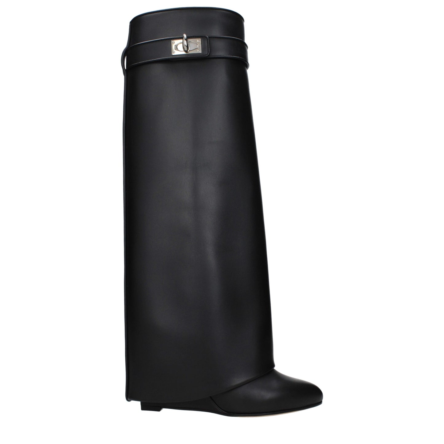 Givenchy Black Leather Boots with pointy toe, wedge heel, and side logo, featuring closure with turn lock and leather sole.