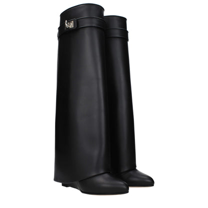 Givenchy Black Leather Boots with side logo and pointy toe featuring wedge heel and closure with turn lock, MPN BE08905004001.