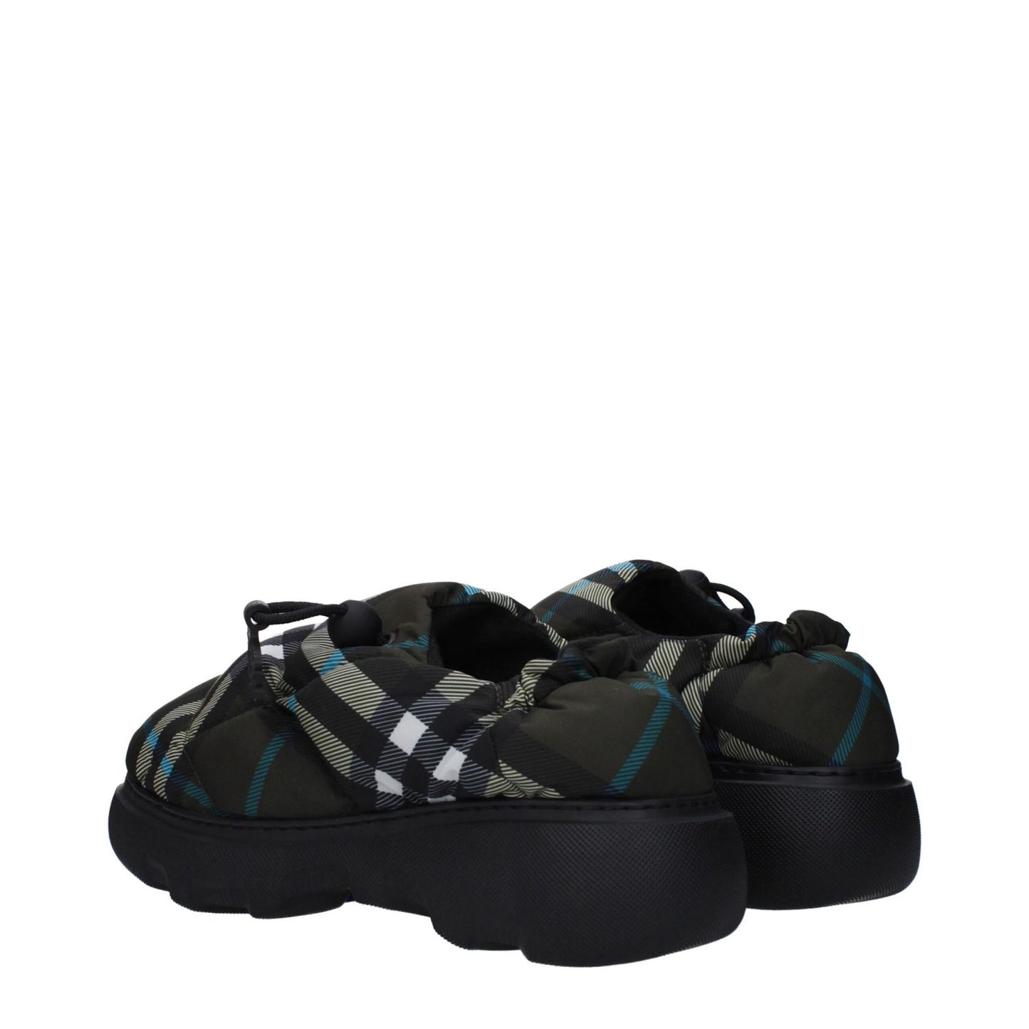 Burberry Green Fabric Slip-On Loafers with check print, rubber sole, and drawstring closure, round toe mid heels.