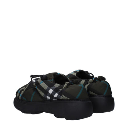 Burberry Green Fabric Slip-On Loafers with check print, rubber sole, and drawstring closure, round toe mid heels.