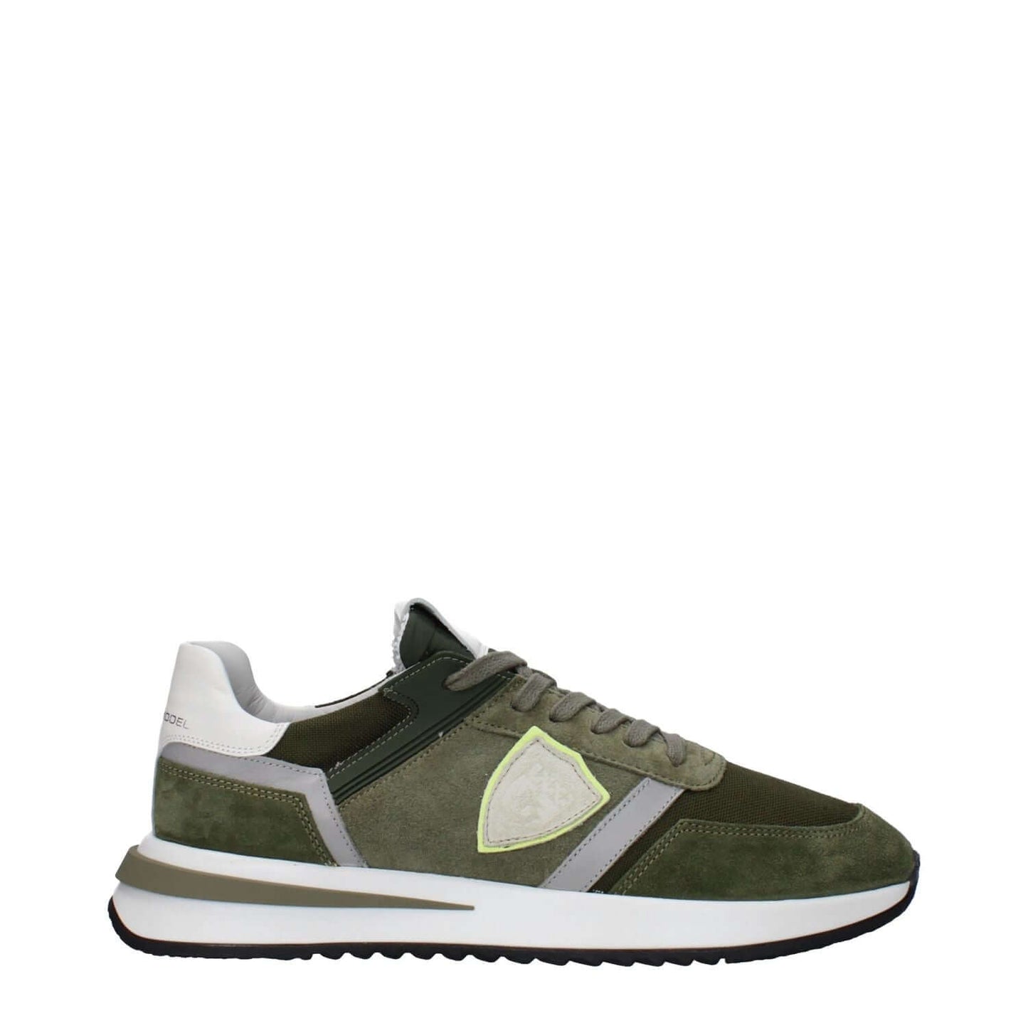 Philippe Model Green Leather Athletic Sneakers with suede design, military green accents, lace-up closure, and mid heels.