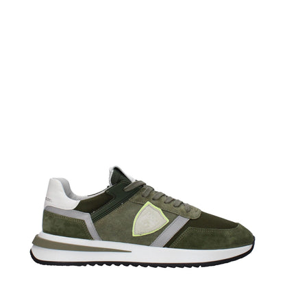 Philippe Model Green Leather Athletic Sneakers with suede design, military green accents, lace-up closure, and mid heels.