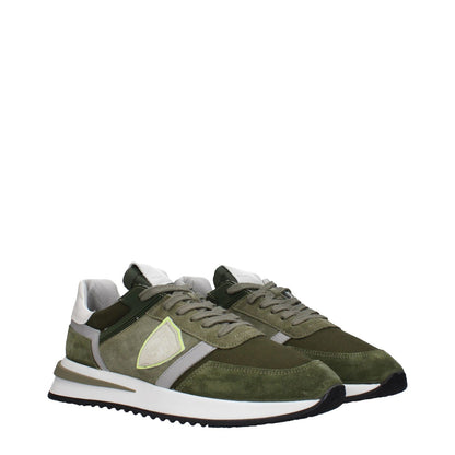 Philippe Model Green Leather Athletic Sneakers, suede, lace-up, logo details, round toe, rubber sole, military green accents.