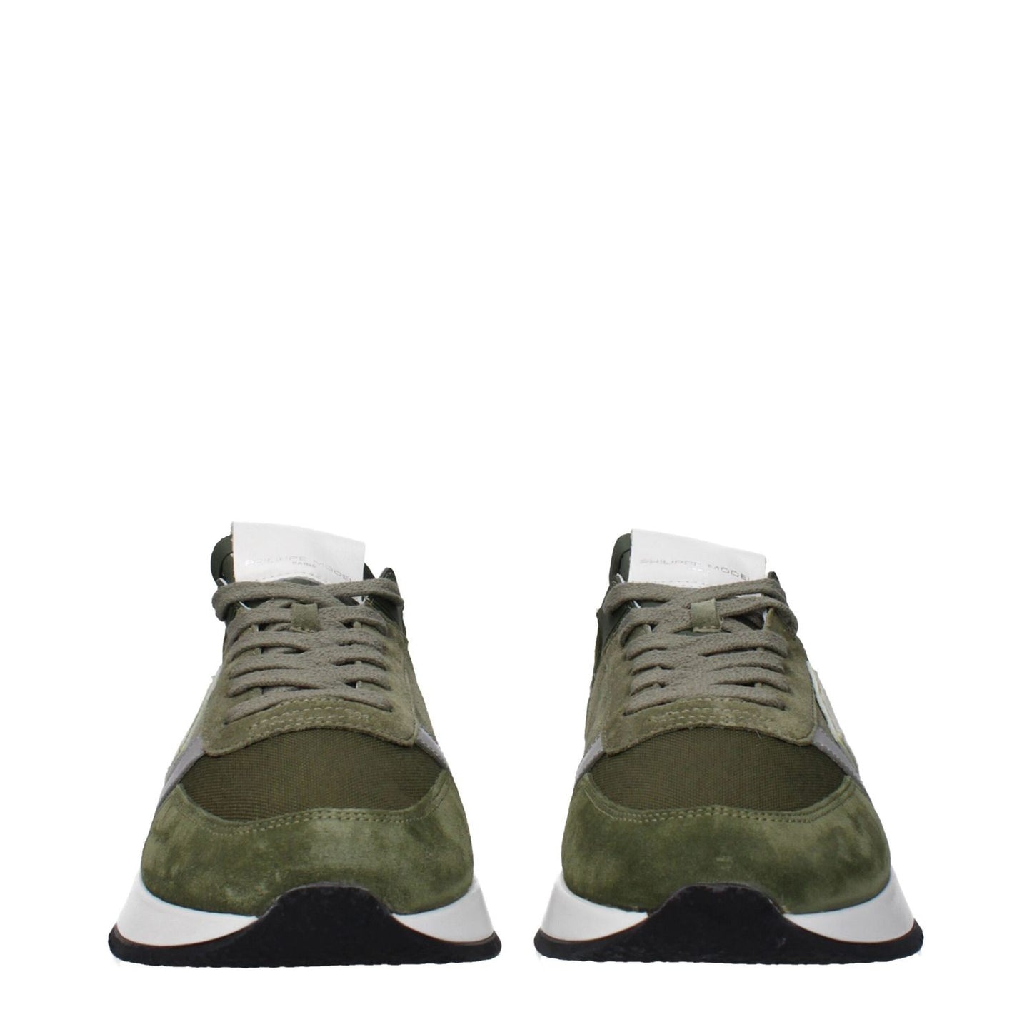 Philippe Model Green Leather Athletic Sneakers with suede finish, lace-up closure, and round toe, featuring a rubber sole and 4 cm heel.