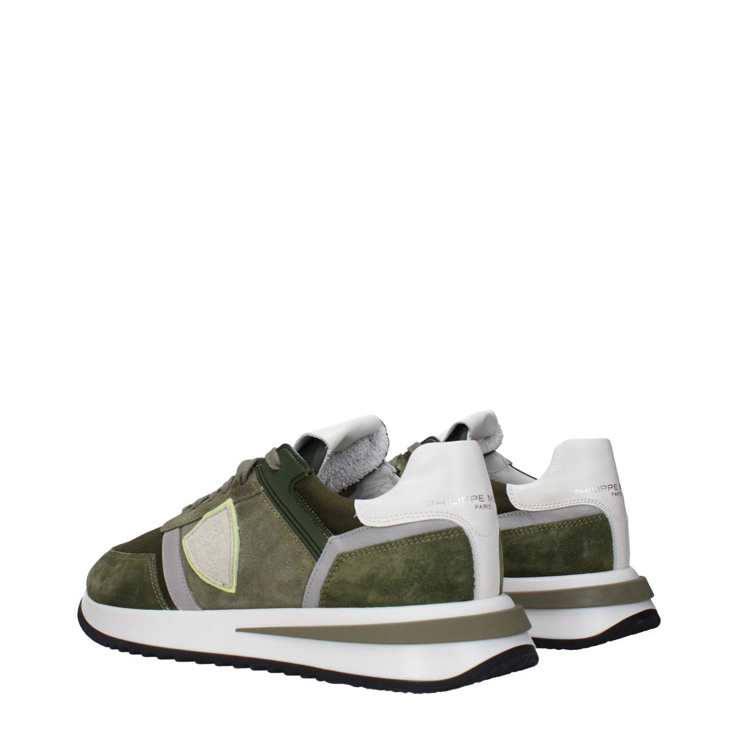 Philippe Model Green Leather Athletic Sneakers with suede finish and rubber sole, featuring front and back logo details.