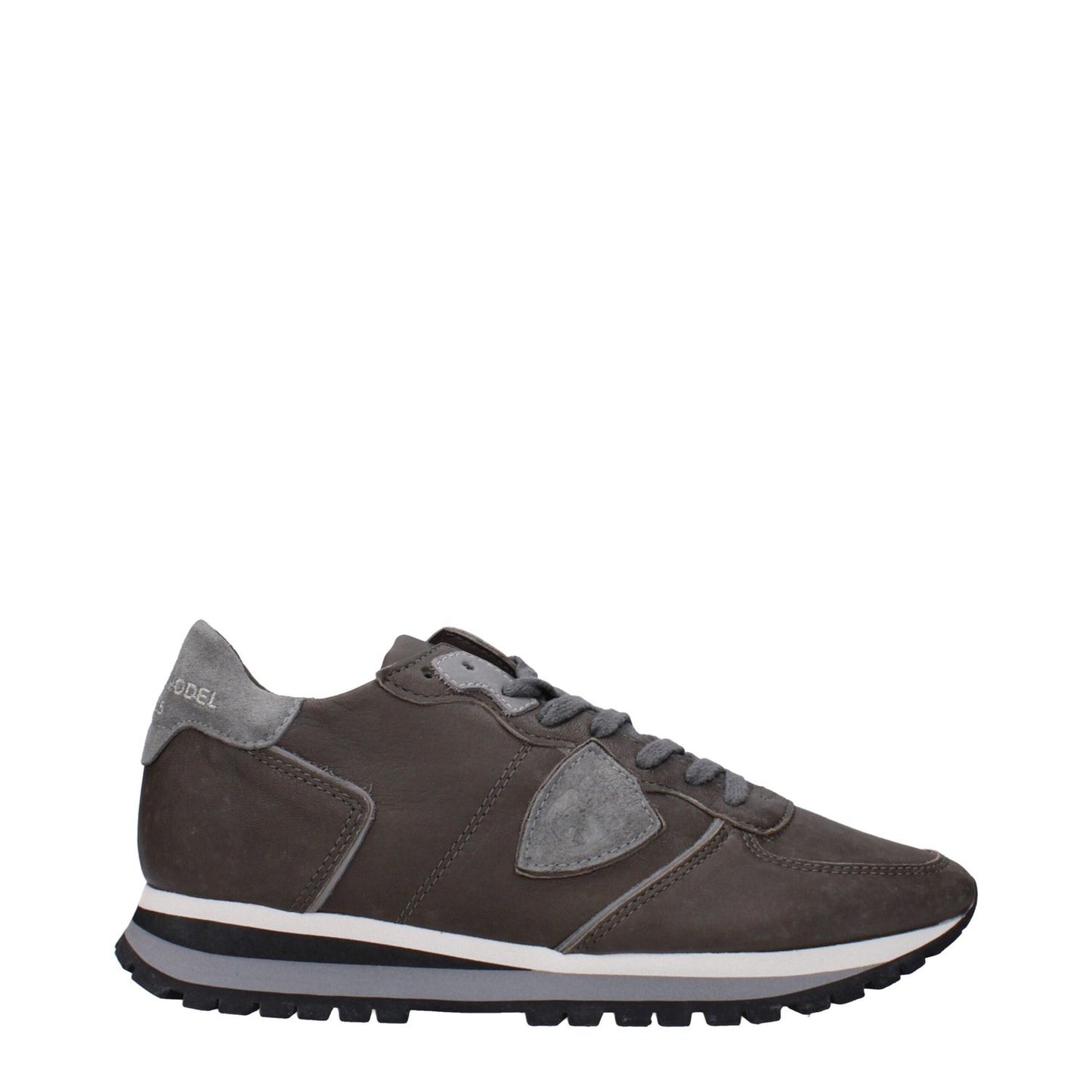 Philippe Model Gray Leather Sneakers with logos and sporty style, featuring lace-up closure and round toe on rubber sole.