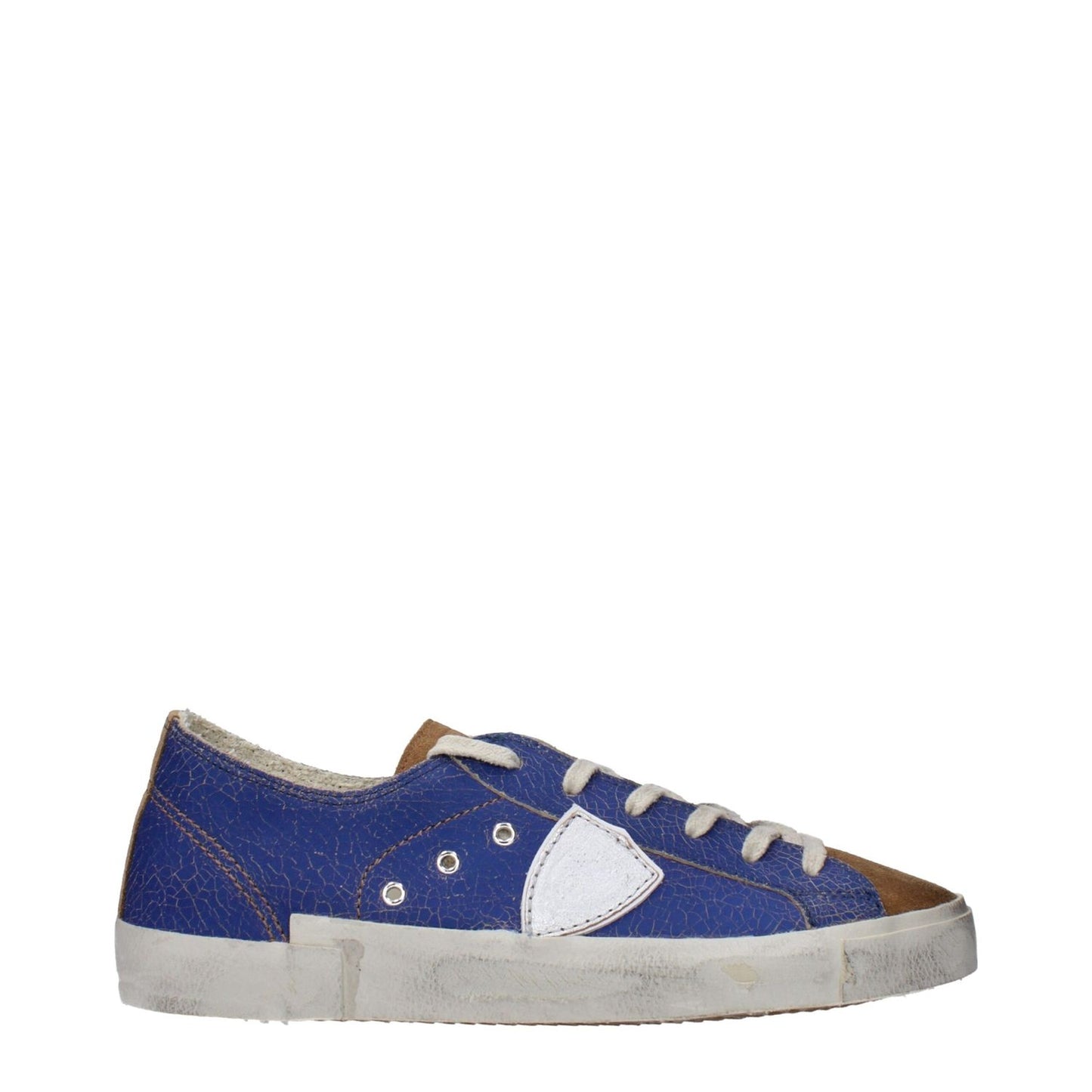 Philippe Model Blue Leather Low Top Sneakers with vintage effect and lace-up closure, featuring rubber sole and round toe design.