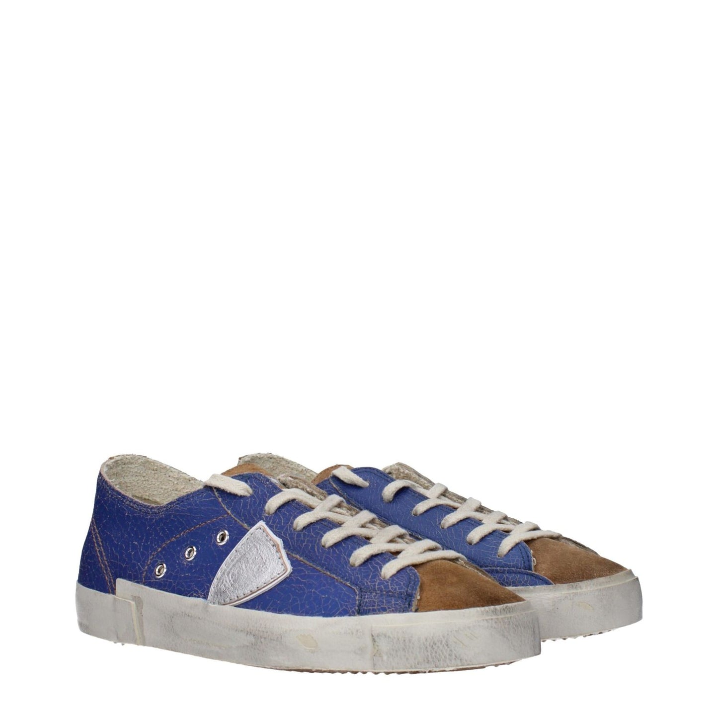Philippe Model Blue Leather Low Top Sneakers with vintage, aged, and distressed effects, featuring front logo and lace-up closure.