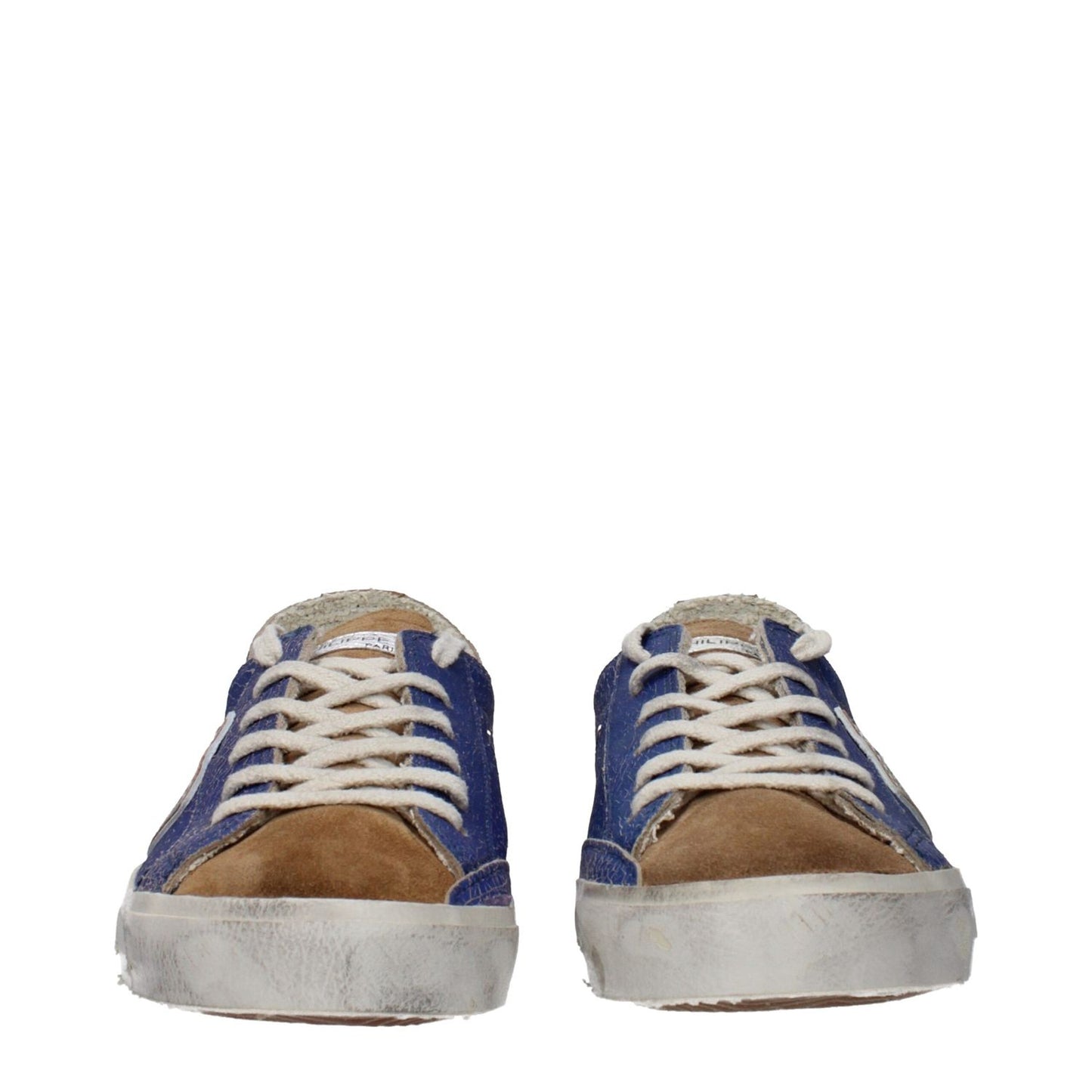 Philippe Model Blue Leather Low Top Sneakers with distressed and vintage effects, lace-up closure, and round toe design.