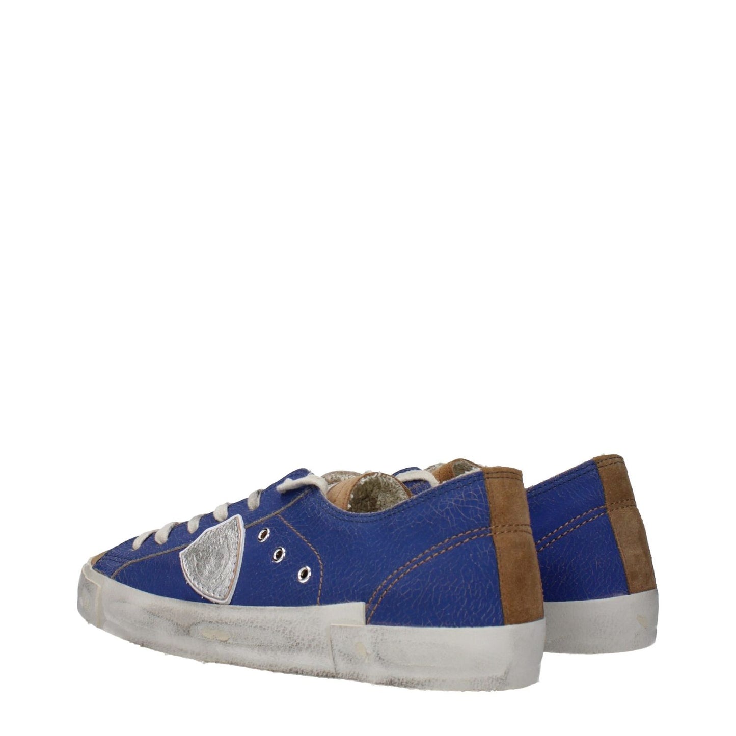 Philippe Model Blue Leather Low Top Sneakers with vintage and distressed effects, round toe, and lace-up closure, side view.