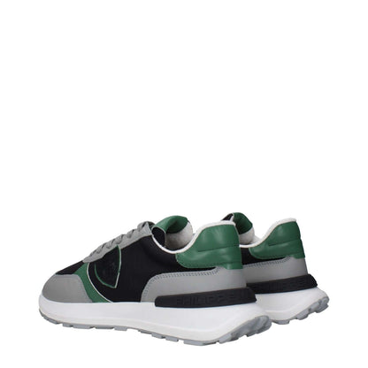 Philippe Model Black Fabric Athletic Sneakers with green and grey detail, featuring front and back logo, side detail.