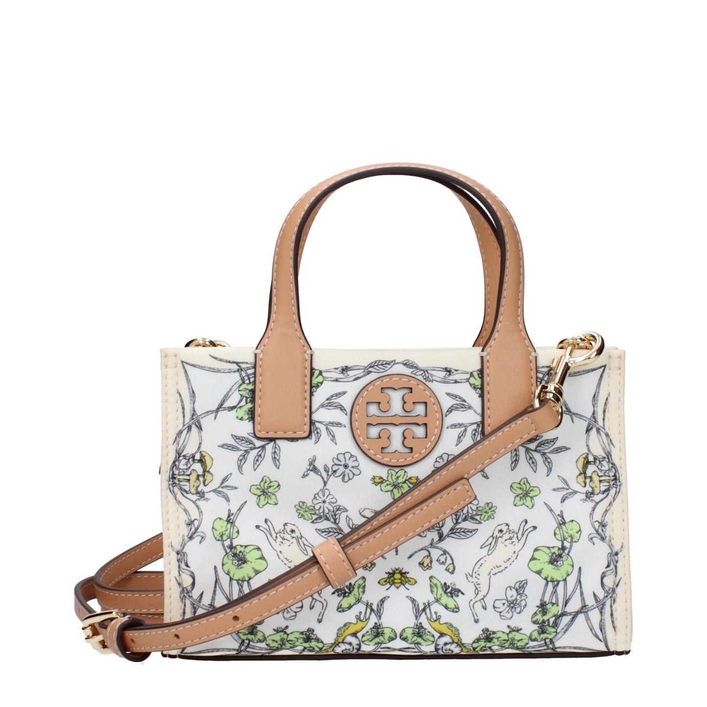 Tory Burch Beige Fabric Handbag with floral print and adjustable strap, featuring signature logo. Stylish beige bag perfect for any occasion.