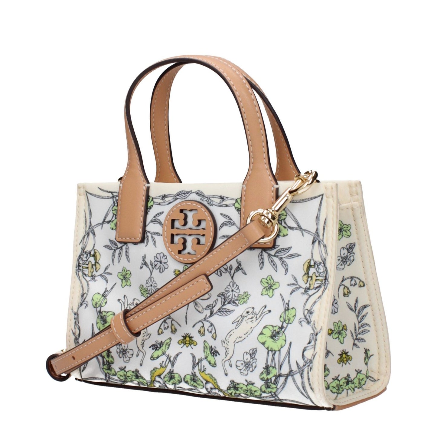 Tory Burch Beige Fabric Handbag with floral pattern, adjustable and removable shoulder strap, front logo, fabric code F83368.
