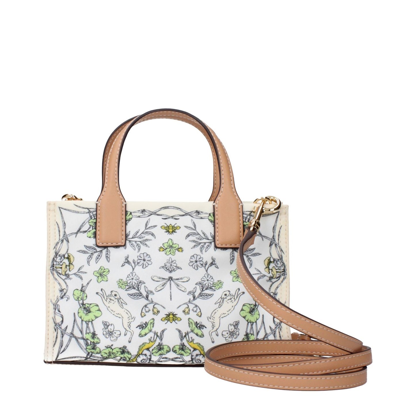 Tory Burch Beige Fabric Handbag with floral design, removable shoulder strap, and front logo.